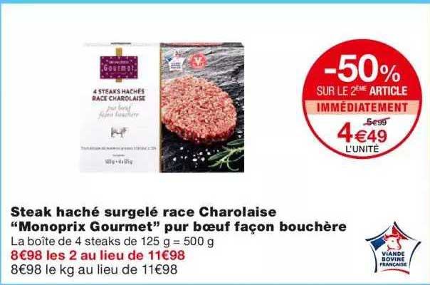 steak haché surgelé race charolaise "monoprix gourmet" pur bœuf façon bouchère