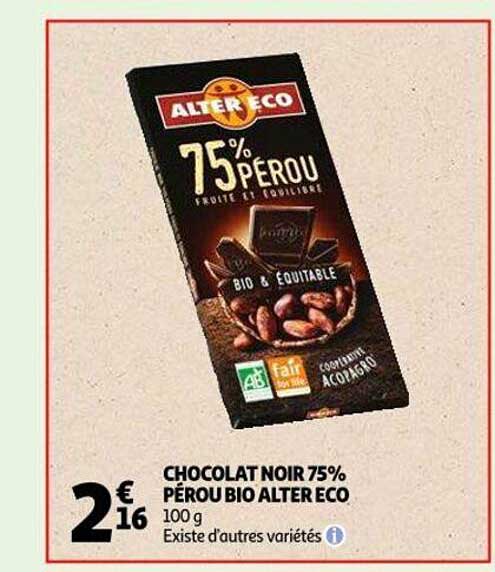 chocolat noir 75% pérou bio alter éco