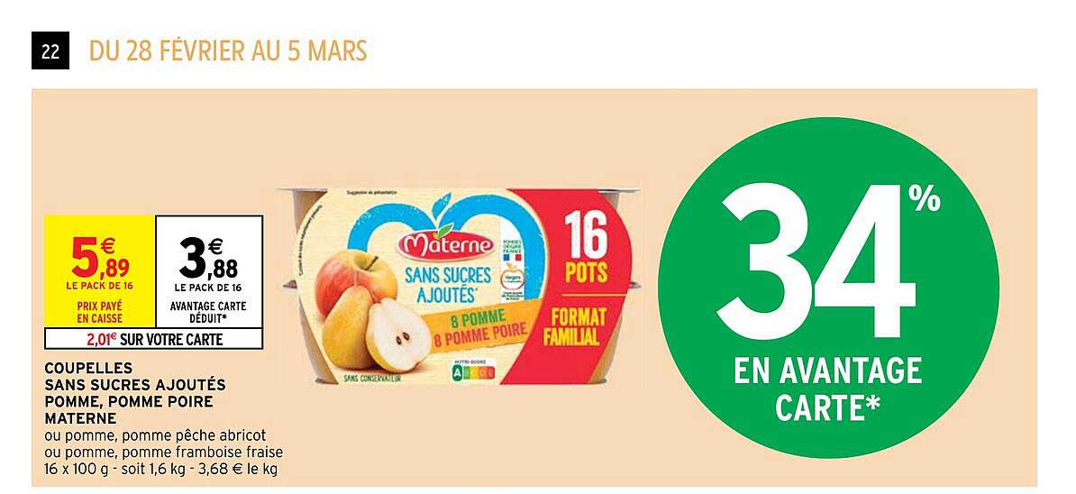 coupelles sans sucres ajouté pomme, pomme poire materne