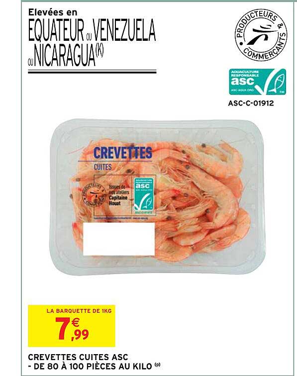 crevettes cuites asc - de 80 à 100 pièces au kilo