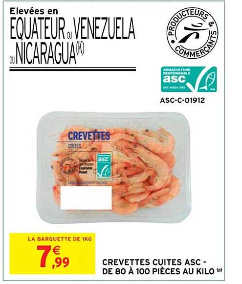 Crevettes Cuites Asc- De 80 à 100 Pièces Au Kilo