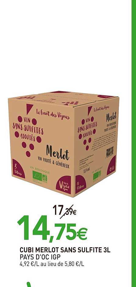 cubi merlot sans sulfite 3 l pays d'oc igp