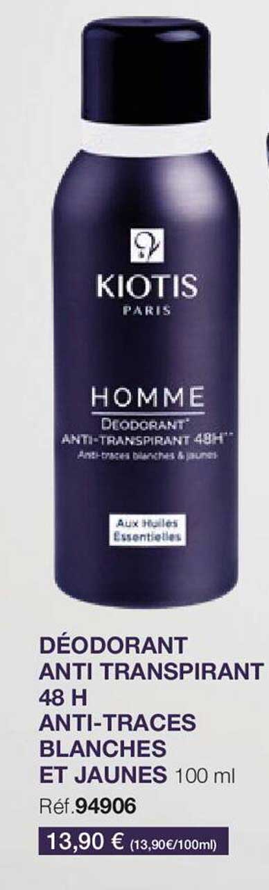 déodorant anti transpirant 48h anti-traces blanches et jaunes kiotis paris