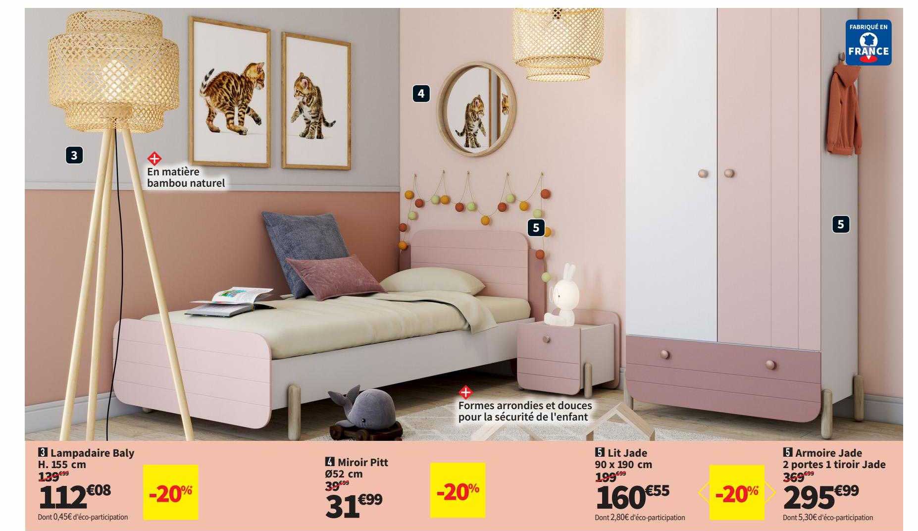 lampadaire baly h. 155 cm, miroir pitt ø52 cm, lit jade 90 x 190 cm, armoire jade 2 portes 1 tiroir jade