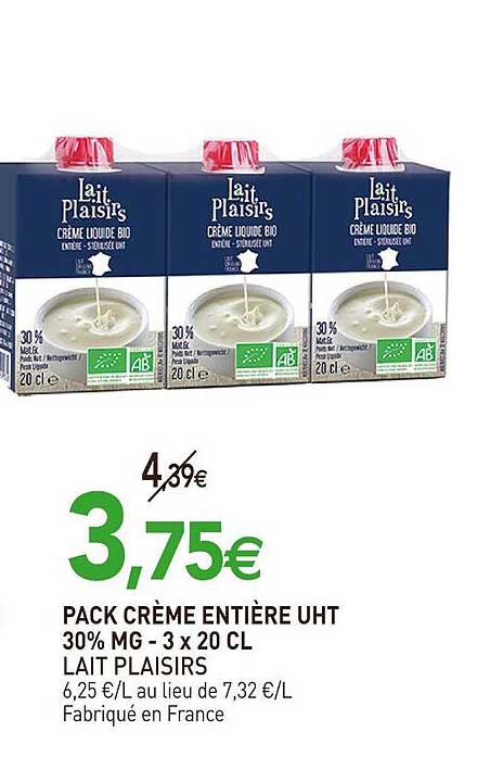 pack crème entière uht 30% mg - 3 x 20 cl lait plaisirs