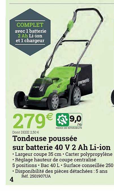 tondeuse poussée sur batterie 40v 2 ah li-ion