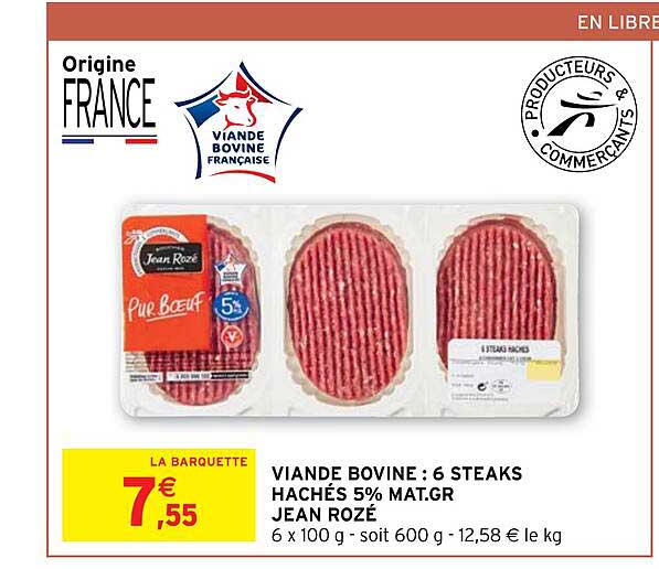 viande bovine : 6 steaks hachés 5% mat. gr. jean rozé