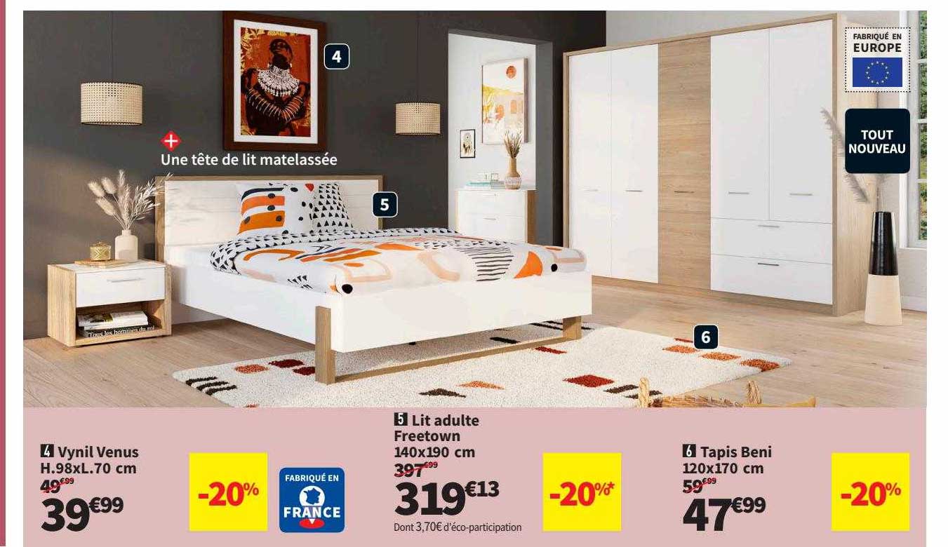 vinyl venus h. 98 x l. 70 cm, lit adulte freetown 140 x 190 cm, tapis beni 120 x 170 cm