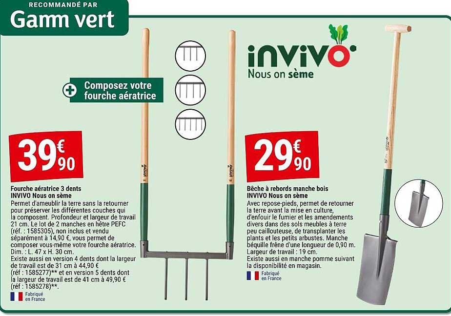 fourche aératrice 3 dents invivo nous on sème, bêche à rebords manche bois invivo nous on sème