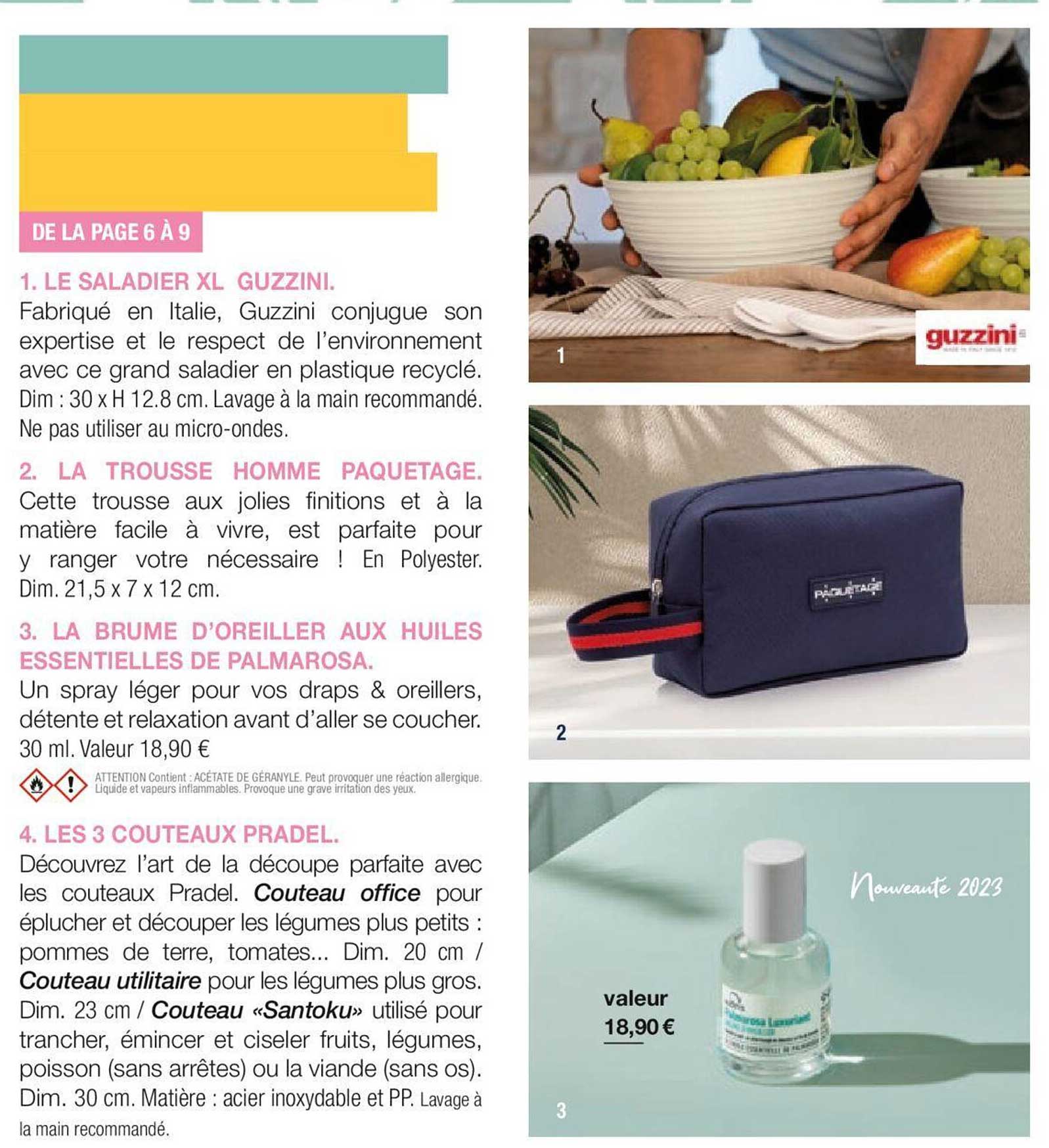 le saladier xl guzzini, la trousse homme paquetage, la brume d'oreiller aux huiles essentielles de palmarosa, les 3 couteaux pradel