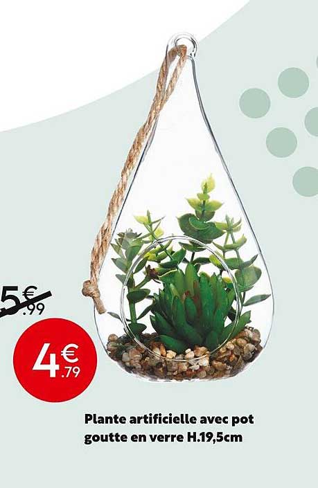 plante artificielle avec pot goutte en verre h.19,5 cm