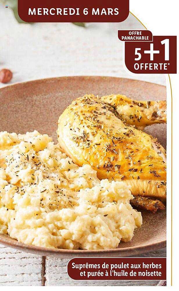suprêmes de poulet aux herbes et purée à l'huile de noisette