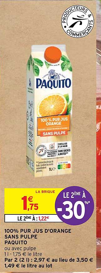100% Pur Jus D'orange Sans Pulpe Paquito