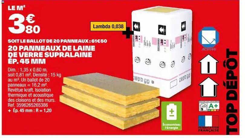 20 panneaux de laine de verred supralaine ép. 45 mm