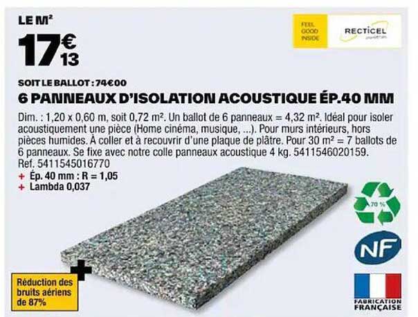 6 panneaux d'isolation acoustique ép.40 mm recticel
