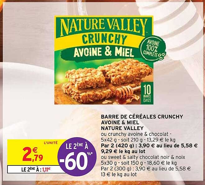 barre de céréales crunchy avoine & miel nature valley