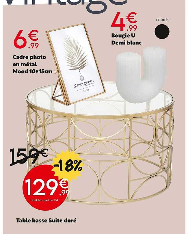 cadre photo en métal mood 10 x 150 cm, table basse suite doré, bougie u demi blanc