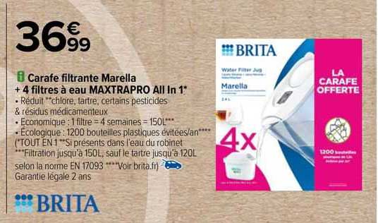 carafe filtrante marella + 4 filtres à eau maxtrapro all in 1 brita