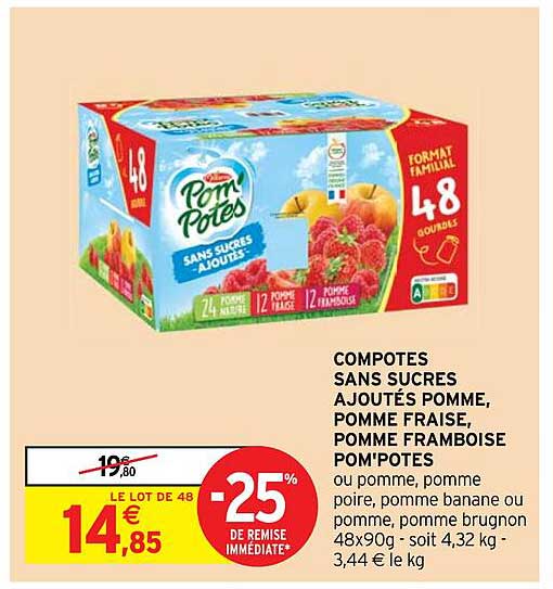 Compotes Sans Sucres Ajoutés Pomme, Pomme Fraise, Pomme Framboise Pom'potes