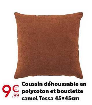 coussin déhoussable en polycoton et bouclette camel tessa 45x45cm