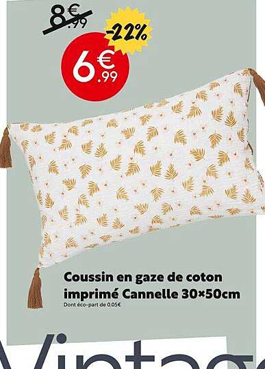 coussin en gaze de coton imprimé cannelle 30 x 50 cm