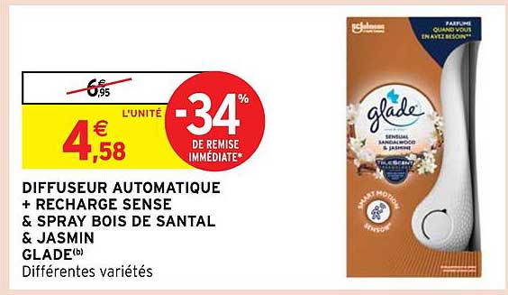 diffuseur automatique + recharge sense & spray bois de santal & jasmin glade