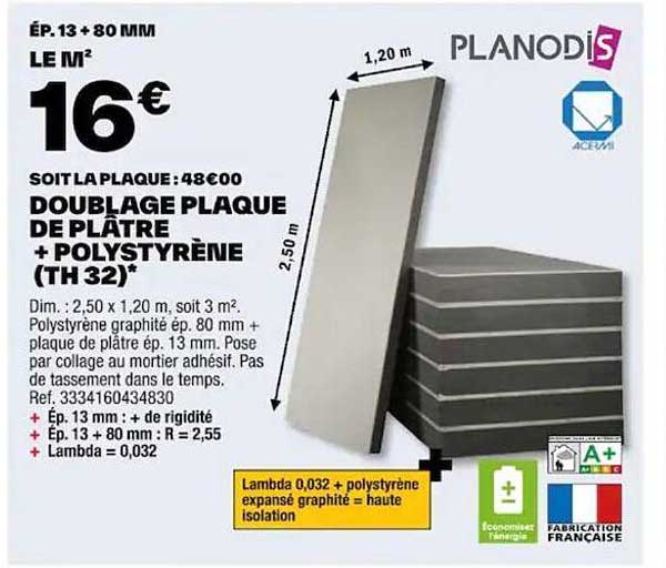 doublage plaque de plâtre + polystyrèen (th 32) planodis