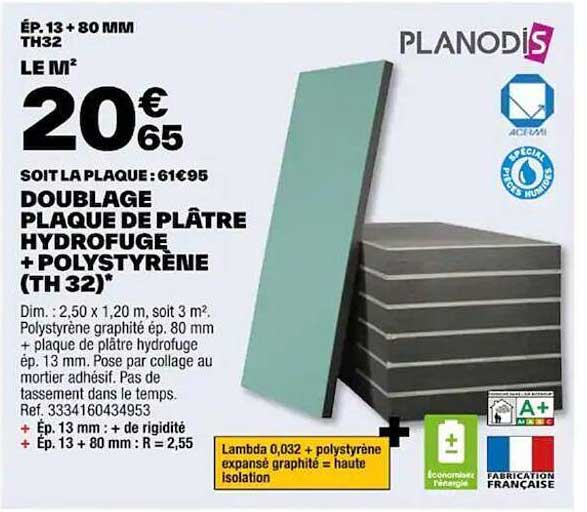 doublage plaque de plâtre hydrofuge + polystyrèen (th 32) planodis