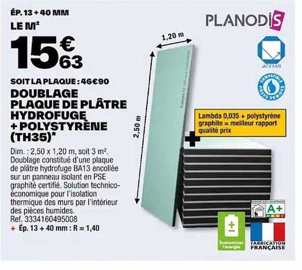 doublage plaque de plâtre hydrofuge + polystyrène (th35) planodis