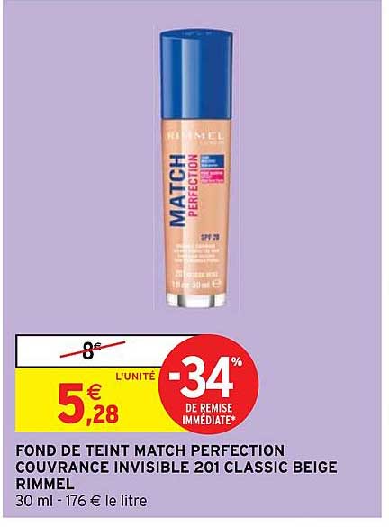 Fond De Teint Match Perfection Couvrance Invisible 201 Classic Beige Rimmel