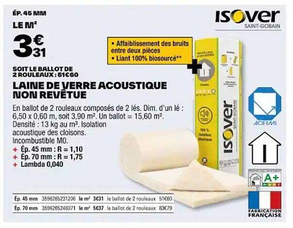 laine de verre acoustique non revêtue isover