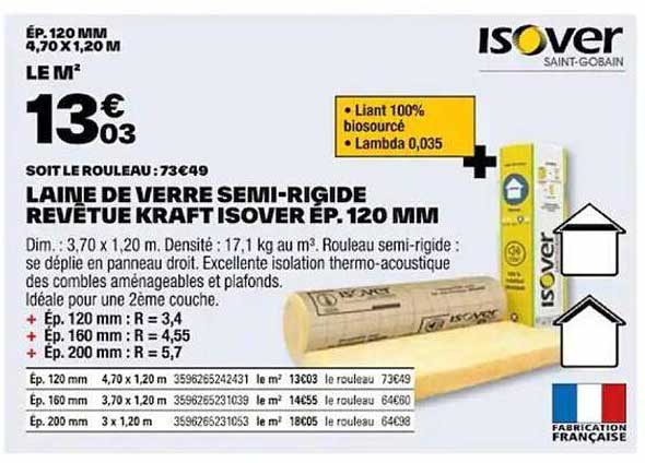laine de verre semi-rigide revêtue kraft isover ép. 120 mm