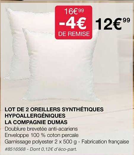 lot de 2 oreillers synthétiques hypoallergéniques la compagnie dumas