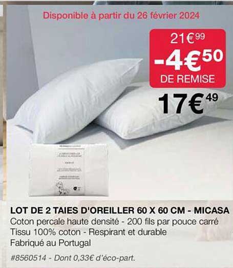 lot de 2 taies d'oreiller 60 x 60 cm - micasa