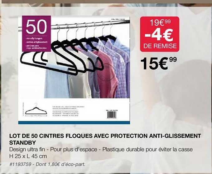 lot de 50 cintres floques avec protection anti-glissement standby