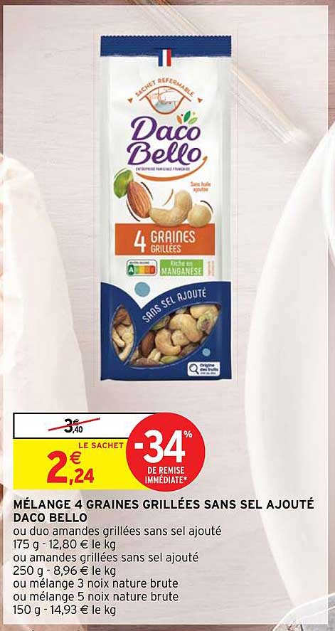 mélange 4 graines grillées sans sel ajouté daco bello