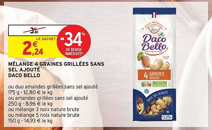 mélange 4 graines grillées sans sel ajouté daco bello