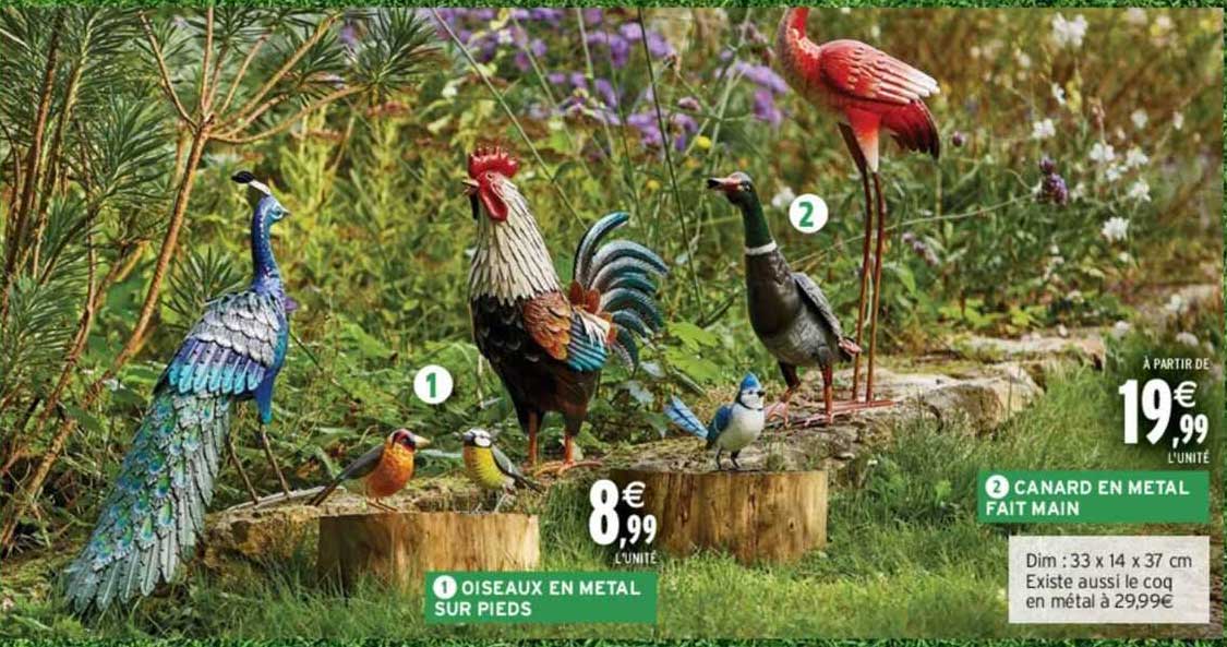 oiseaux en métal sur pieds, canard en métal fait main