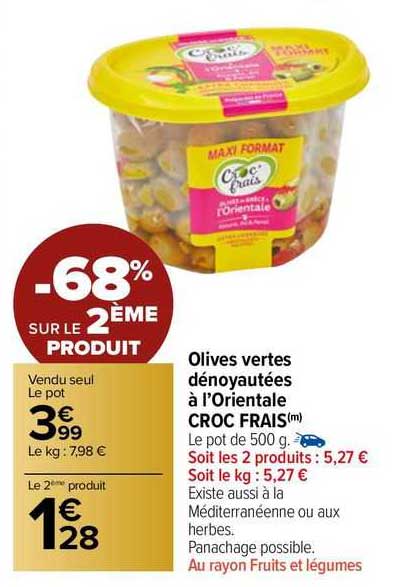 olives vertes dénoyautées à l'orientale croc frais