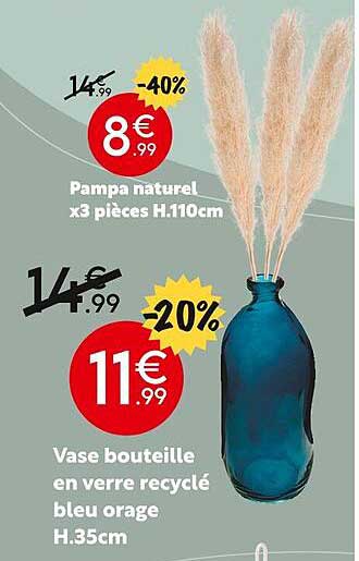pampa naturel x 3 pièces h.110 cm, vase bouteille en verre recyclé bleu orage h.35 cm