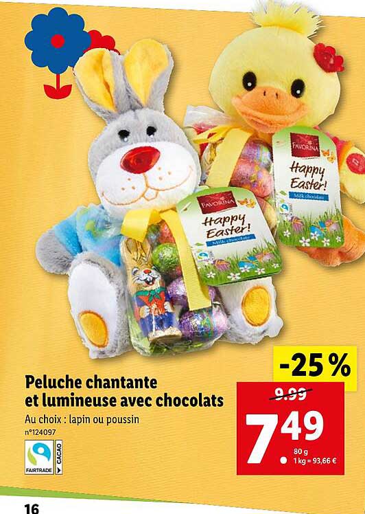 peluche chantante et lumineuse avec chocolats