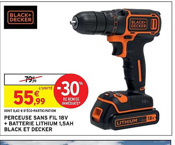 perceuse sans fil 18v + batterie lithium 1,5ah black et decker