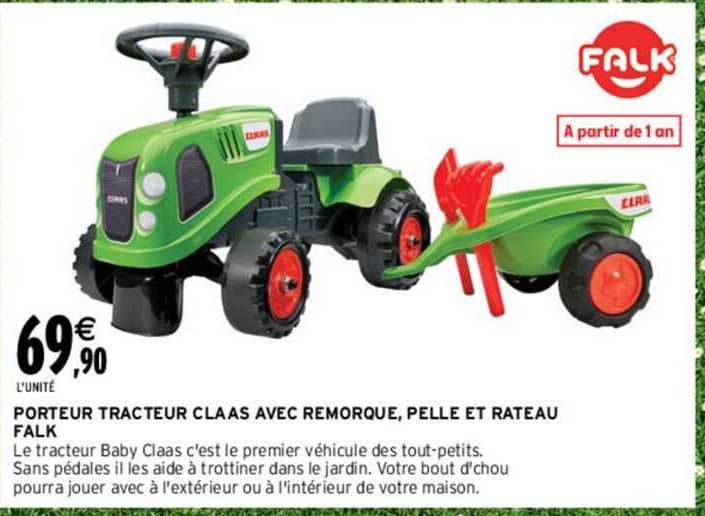 porteur tracteur claas avec remorque, pelle et rateau falk