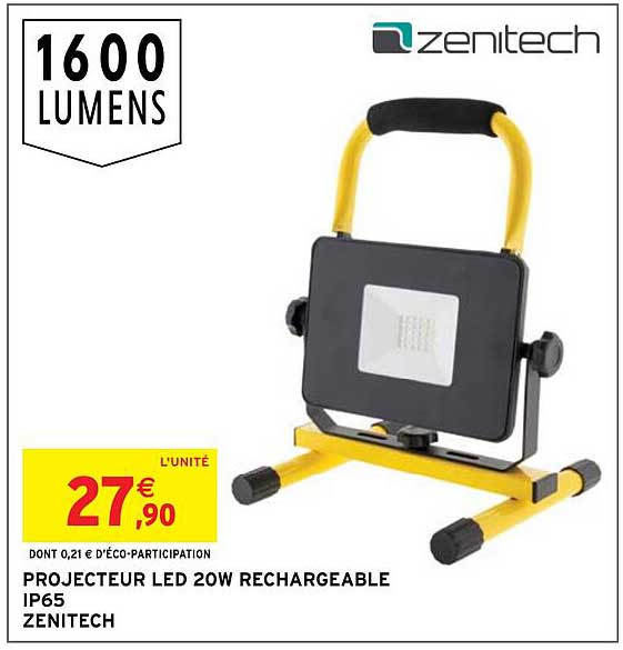 projecteur led 20w rechargeable ip65 zenitech