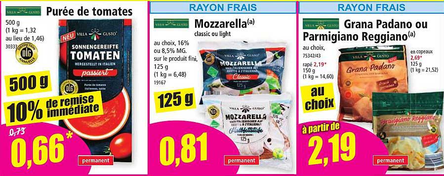 puré de tomates mozzarella grana padano ou parmigiano reggiano villa gusto