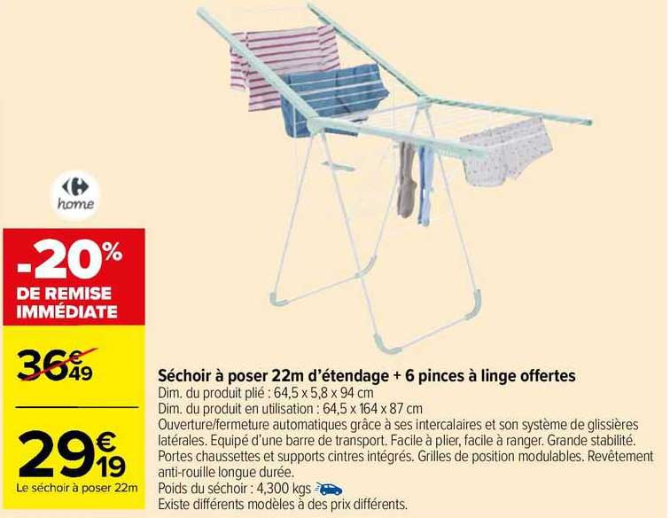 séchoir à poser 22 m d'étendage + 6 pinces à linge offertes carrefour home