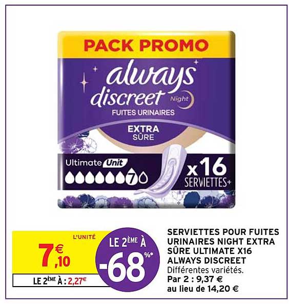 serviettes pour fruites urinaires night extra sûre ultimate x16 always discreet