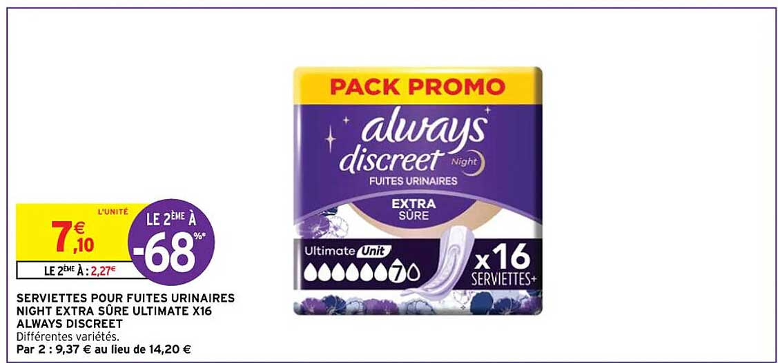 serviettes pour fuites urinaires night extra sûre ultimate x16 always discreet