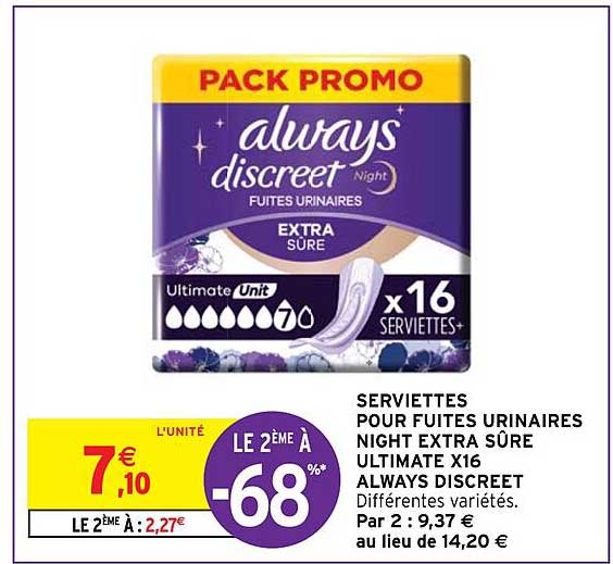 serviettes pour fuites urinaires night extra sûre ultimate x16 always discreet
