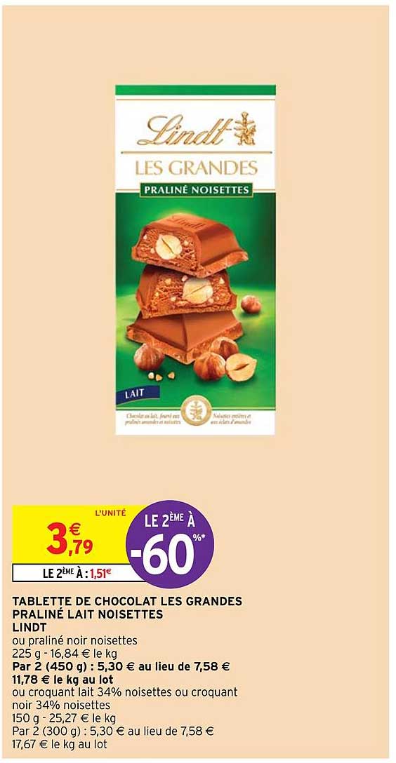 tablette de chocolat les grandes praliné lait noisettes lindt